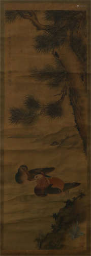 A CHINESE SCROLL PAINTING OF BIRD ON PINE BY JIANG TINGXI