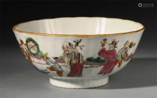 A CHINESE PORCELAIN ENAMEL FLOWER FIGURES AND STORY BOWL