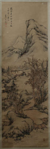 A CHINESE CALLIGRAPHIC PAINTING SCROLL OF MOUNTAIN VIEWS  BY WANG CHEN