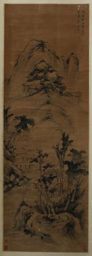 A CHINESE CALLIGRAPHIC PAINTING SCROLL OF MOUNTAIN VIEWS  BY CHA SHIBIAO