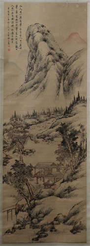 A CHINESE CALLIGRAPHIC PAINTING SCROLL OF MOUNTAIN VIEWS  BY ZHANG ZHIWAN