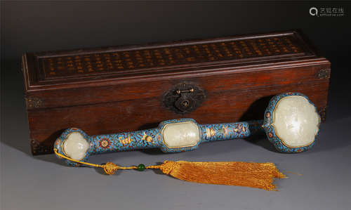 A CHINESE CLOISONNE FLOWER INLAID JADE CARVED RUYI SCEPTER