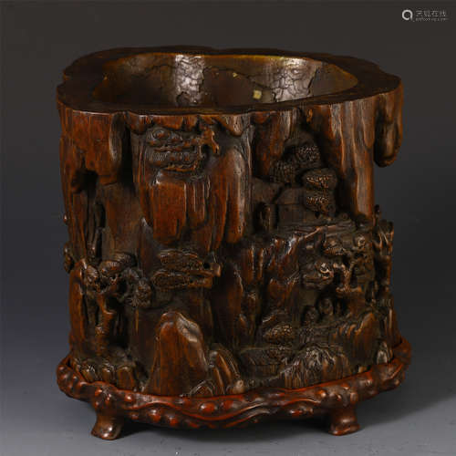 CHINESE AGALWOOD CARVED MOUNTAIN VIEWS BRUSH POT