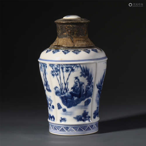 A CHINESE BLUE AND WHITE PORCEIAIN FIGURES AND POEM TEA JAR