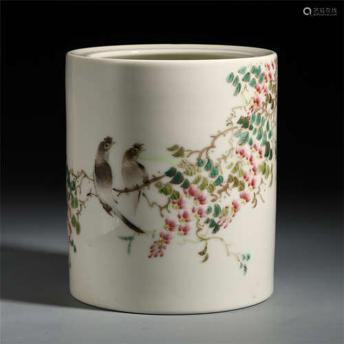 A CHINESE PORCELAIN FAMILLE ROSE FLOWER AND BIRD BRUSH POT