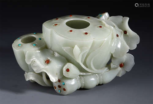 A CHINESE JADE CARVED LOTUS GEM STONE INLAID WATER POT