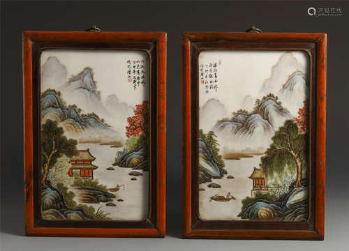 A PAIR OF CHINESE HARDWOOD PORCELAIN HANGED SCREENS