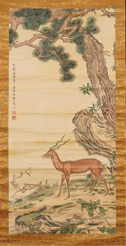 A CHINESE SCROLL PAINTING OF DEER UNDER PINE BY MA JIN