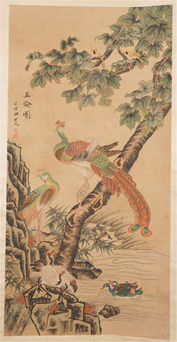 A CHINESE SCROLL PAINTING OF PHOENIXS AND CRANES BY TIAN SHIGUANG