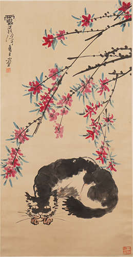 A CHINESE SCROLL PAINTING OF CAT UNDER FLOWER BY PAN TIANSHOU