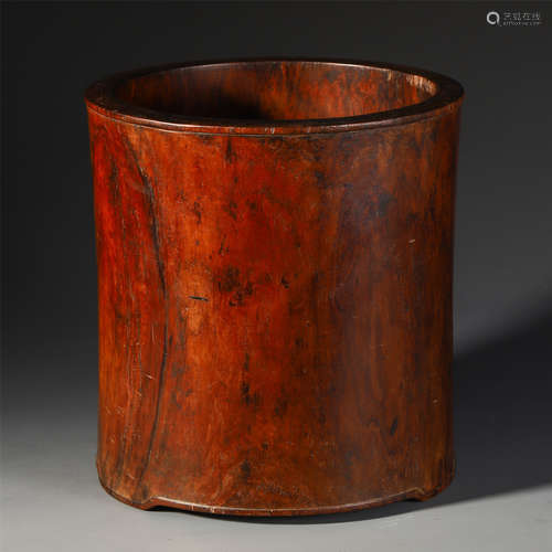 A CHINESE HARDWOOD CARVED BRUSH POT