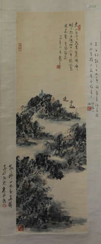 A CHINESE CALLIGRAPHIC PAINTING SCROLL OF LANDSCAPE   BY LIN SANZHI