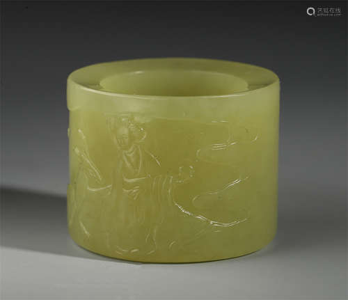 A CHINESE YELLOW JADE CARVED FIGURES POEM ARCHER'S RING