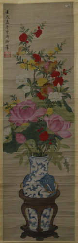 A CHINESE SCROLL PAINTING OF FLOWER  BLOSSOMMING IN VASE BY CI XI