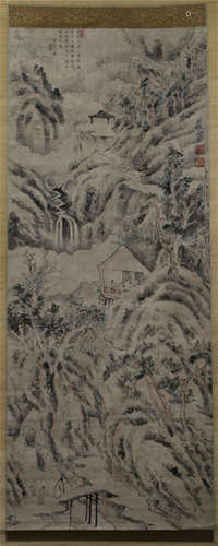 A CHINESE CALLIGRAPHIC PAINTING SCROLL OF MOUNTAIN VIEWS