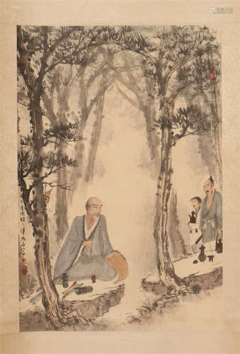 A CHINESE SCROLL PAINTING OF FIGURES BY FU BAOSHI