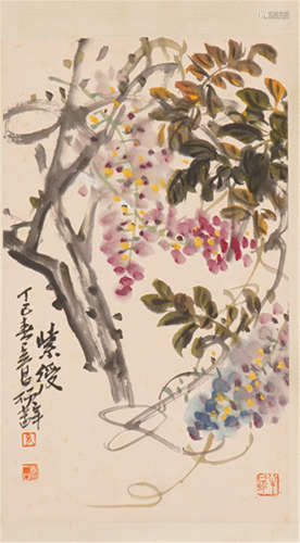 A CHINESE SCROLL PAINTING OF FLOWER  BY WU CHANGSHUO