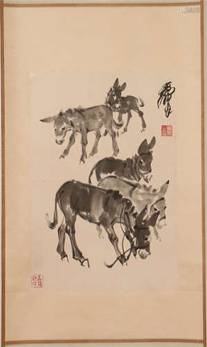 A CHINESE SCROLL PAINTING OF DONKEYS  BY HUANG ZHOU