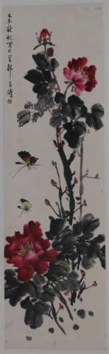 A CHINESE SCROLL PAINTING OF FLOWER AND BUTTERFLY BY WANG XUETAO