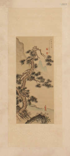 A CHINESE SCROLL PAINTING OF SCHOLARS UNDER THE PINE  BY CHEN SHAOMEI