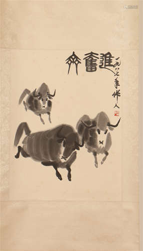 A CHINESE SCROLL PAINTING OF TRIPLE OX BY WU ZUOREN