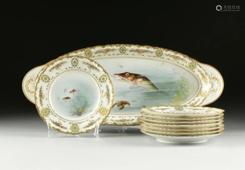 A NINE PIECE FISH PAINTED PORCELAIN SET, …