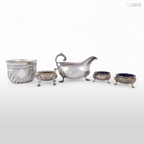 Group of five silver table items, Various Ameri…