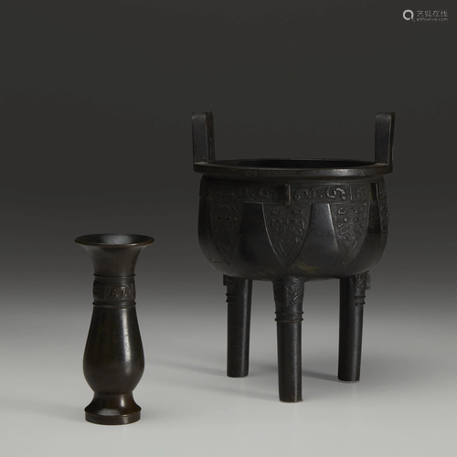 A Chinese patinated bronze tripod censer, Din…