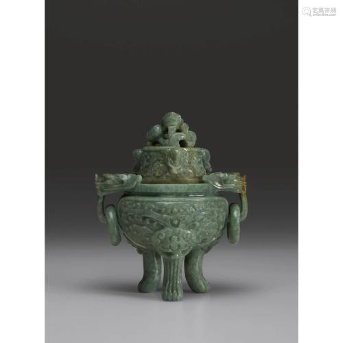 A Chinese carved jadeite tripod censer and …