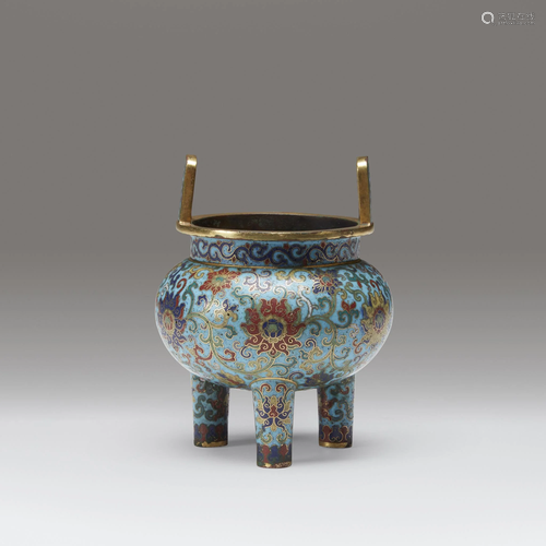 A Chinese cloisonné enamel tripod censer, Qia…