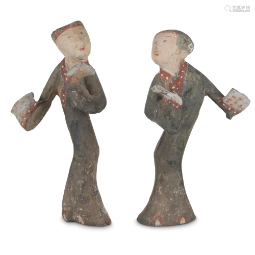 A pair of Chinese painted grey pottery figur…