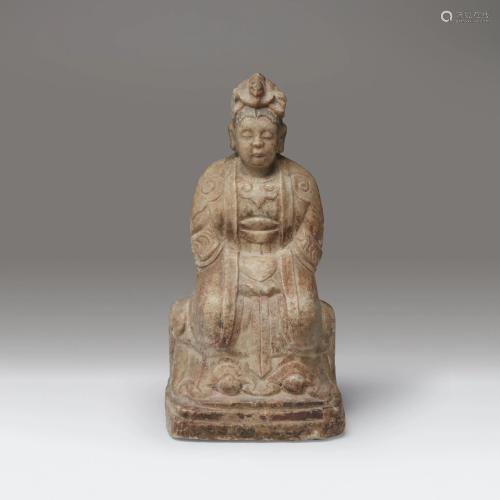 A Chinese carved white marble seated Daoi…