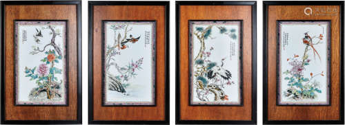 重工粉彩花鸟四条屏 包框  1979年景德镇艺术瓷厂