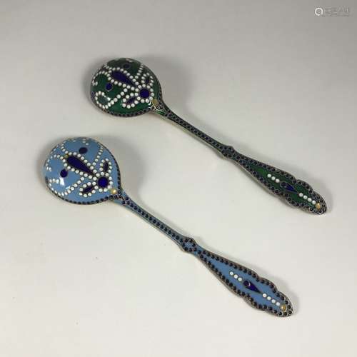 Pair of Russia Cloisonne Enamel Spoons