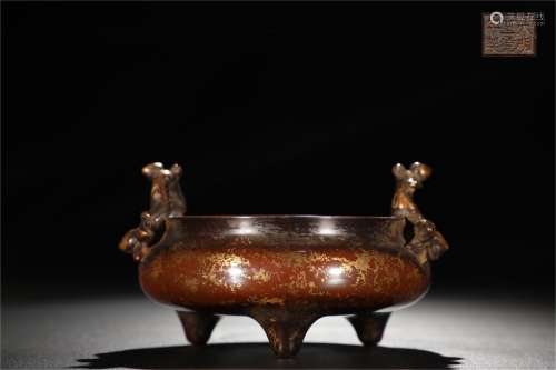 A Chinese Bronze Incense Burner with Gold Inlaid
