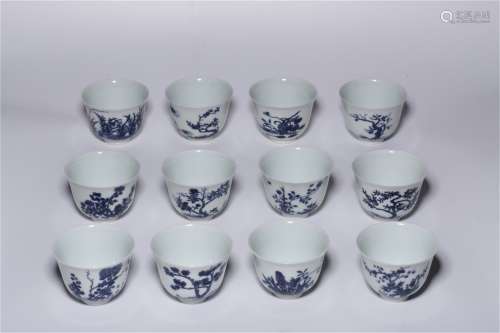 A Set of Twelve Chinese Blue and White Porcelain Cups
