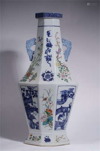 A Chinese Famille-Rose Glazed Blue and White Porcelain Vase