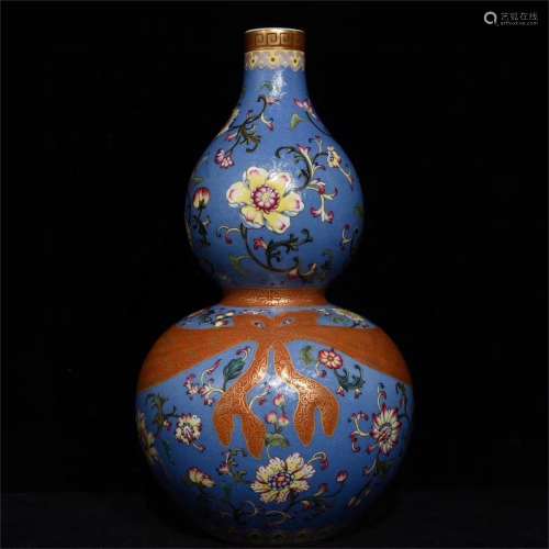 A Chinese Blue Ground Famille-Rose Porcelain Double Gourd Vase