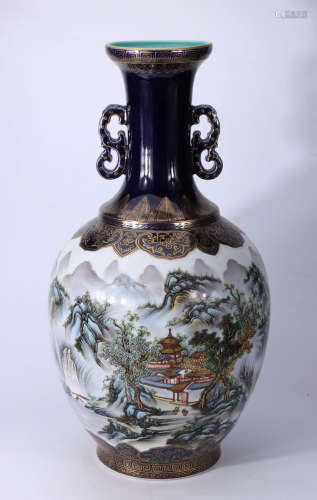 A Chinese Altar Blue Gilt Landscape Porcelain Vase