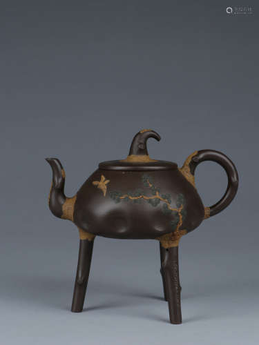 A Chinese Three-legged Purple Sand Teapot, Jiang Rong Mark