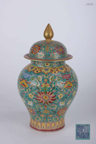 A Chinese Peacock Blue Gilt  Twine Pattern Porcelain Jar with Cover