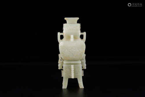 A Chinese Carved Hetian Jade Four legged Vase with Cover