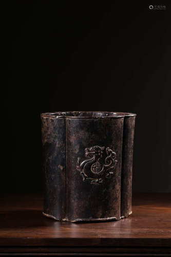 A Chinese Carved Lobular Red Sandalwood Brush Pot