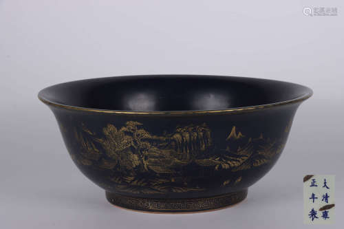 A Chinese Altar Blue Glaze Gilt Landscape Porcelain Bowl
