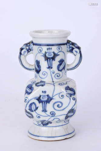 A Chinese Blue and White Floral Porcelain Vase with Double Ears