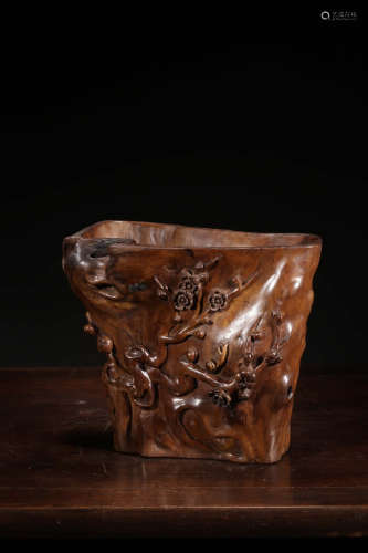 A Chinese Carved rose wood Brush Pot
