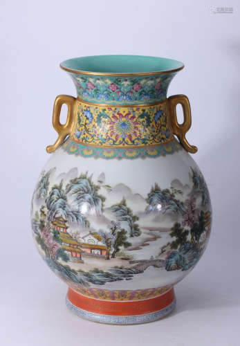 A Chinese Famille Rose Landscape Painted Porcelain Vase