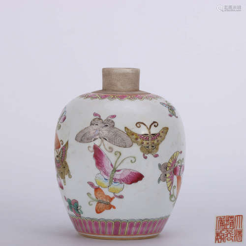 A Chinese Famille Rose Butterfly Painted Porcelain Jar