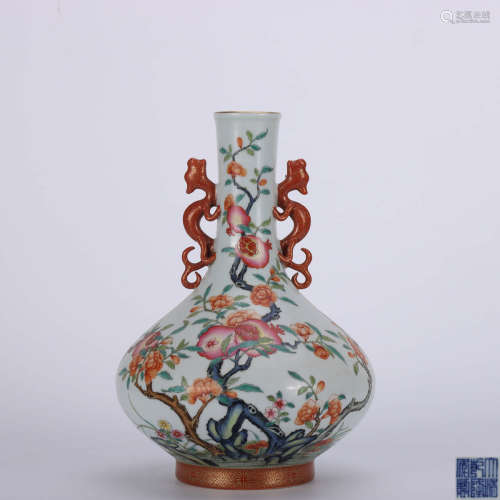 A Chinese Famille Rose Floral Porcelain Vase with Double Ears