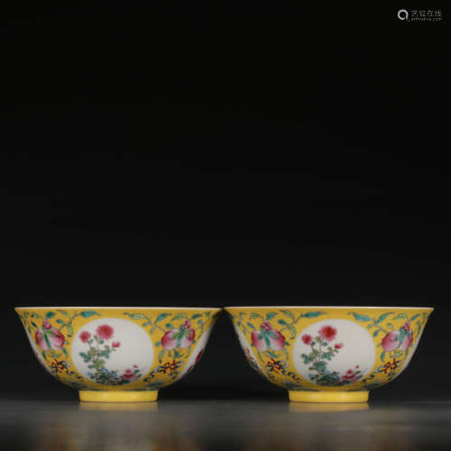 A Pair of Chinese Yellow Land Famille Rose Floral Porcelain Bowls